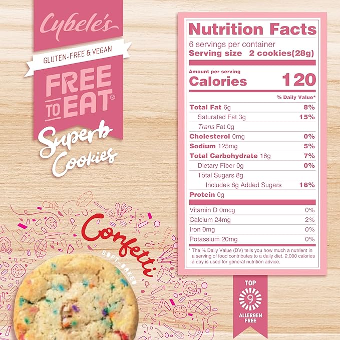 Cybele’s Free To Eat Gluten-Free & Vegan Cookies - Plant-Based, Dairy, Soy, & Nut Free - Soft-Baked School Safe Snack For Kids & Adults - 12 Cookies Per 6 oz Box (Confetti, Pack of 1)