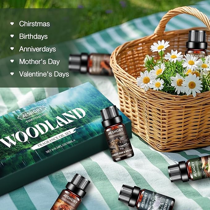 Woodland Essential Oils Set, Woody Scent Fragrance Oil Kit, Aromatherapy Oils for Diffusers (6 * 10ML), Sandalwood &Vanilla, Forested Fir,Palo Santo&Mahogany,Cedar & Amber, Oud &Balsam,Hickory&Suede