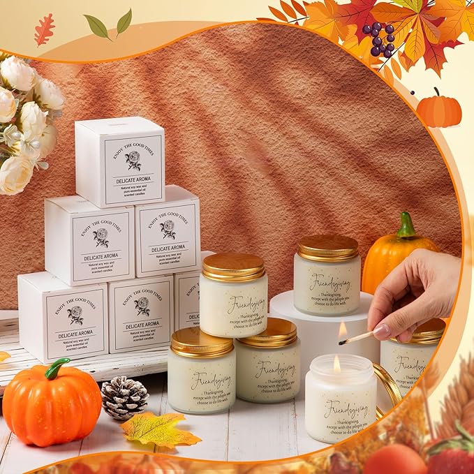 6 Pcs Thanksgiving Gifts Fall Scented Candles Set 3.5 Oz Soy Wax Pumpkin Scented Glass Jar Candle Friendsgiving Gift for Friends Coworker Women Men Autumn Birthday (Classic)