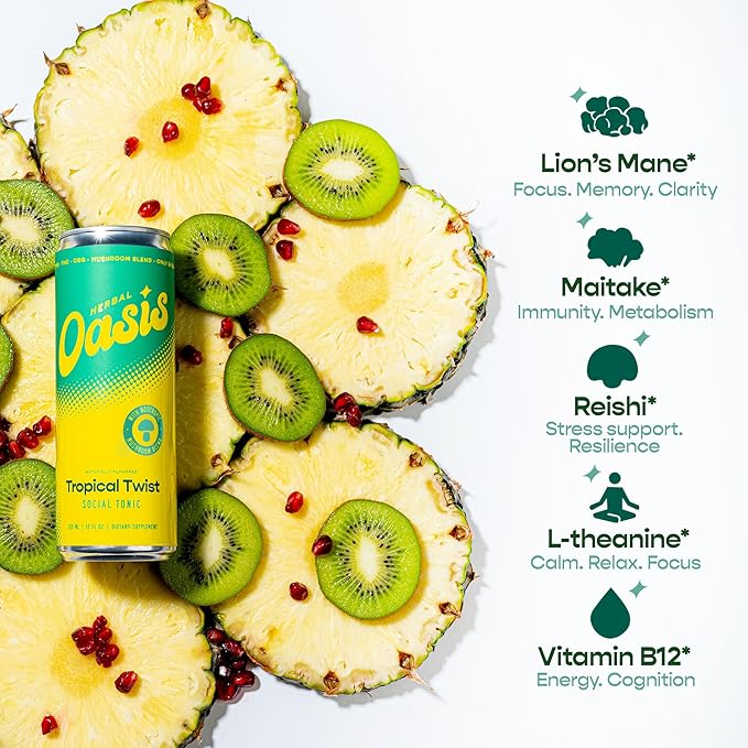 Herbal Oasis Tropical Twist 4-Pack - Mood-Boosting Mushroom Social Tonic, with Lion’s Mane, L-Theanine & Vitamin B12 - Low Calorie Vegan Drink, Non-Alcoholic for Mindfulness & Balance, 12 fl oz