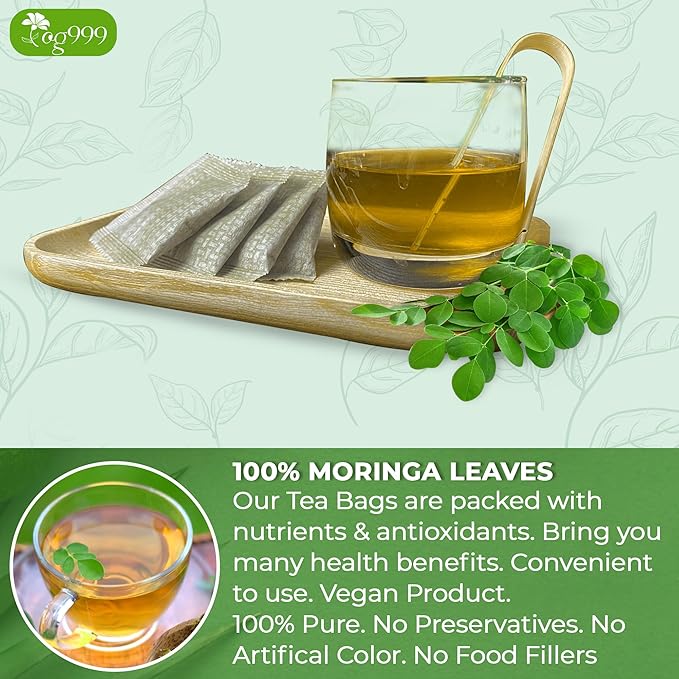 TOG999, Premium 30 Moringa Leaf Tea Bags, 100% Natural & Pure. Loose Leaf Moringa Herbal Tea. No Sugar, No Caffeine, No Gluten, Vegan.