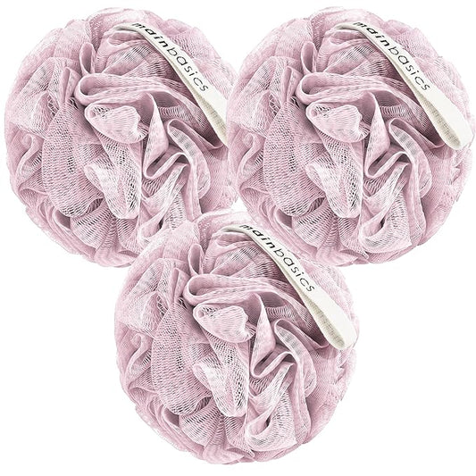 MainBasics Bath Shower Loofah Sponge Pouf Body Scrubber Exfoliator Body Wash Sponge (Set of 3, Perfectly Pink)