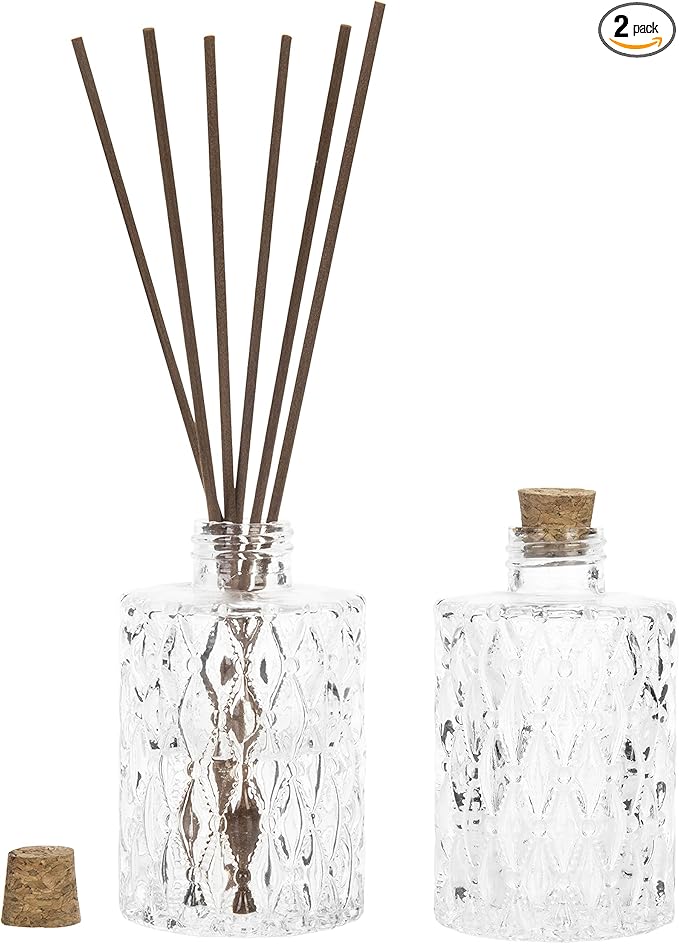 MyGift Small Clear Glass Reed Diffuser Bottles, Vintage Embossed Apothecary Style Flower Bud Vases with Cork Lids, Set of 2