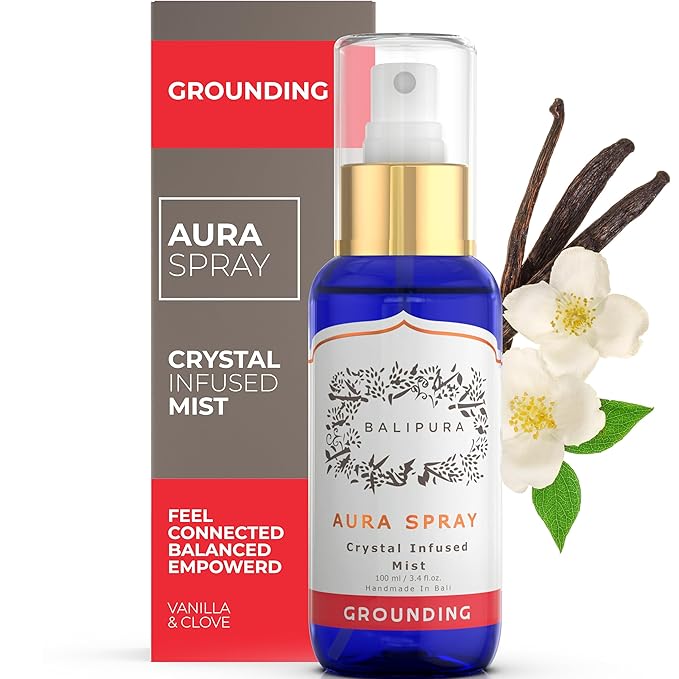 BALIPURA - Grounding Cleansing Healing Aura Spray - Natural Infused Auric Crystals & Gemstones - Vanilla & Clove Essential Oils Blend - Handmade in Bali - 3.4 fl.oz