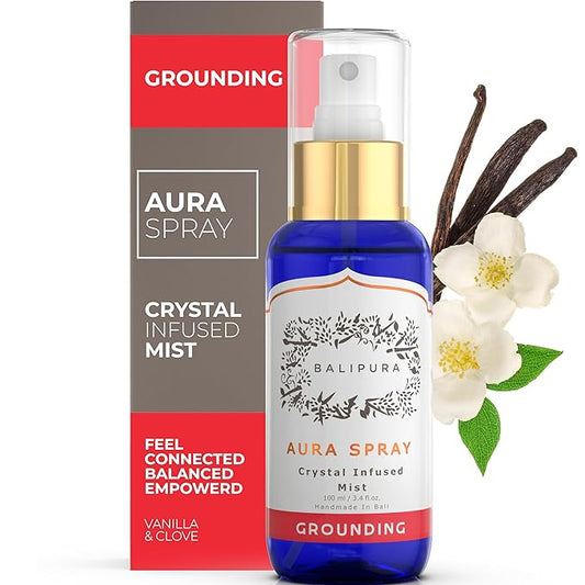 BALIPURA - Grounding Cleansing Healing Aura Spray - Natural Infused Auric Crystals & Gemstones - Vanilla & Clove Essential Oils Blend - Handmade in Bali - 3.4 fl.oz