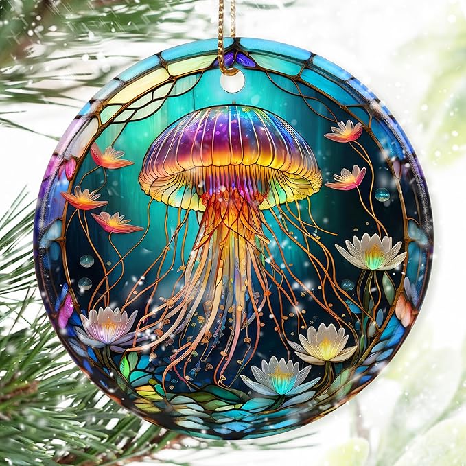 Colorful Ceramic Jellyfish Christmas Ornament, Jellyfish Ornaments for Christmas Tree, Holiday Decorations, Christmas Decor, Gifts for Jellyfish Lovers, Christmas Ornament Gift Ideas