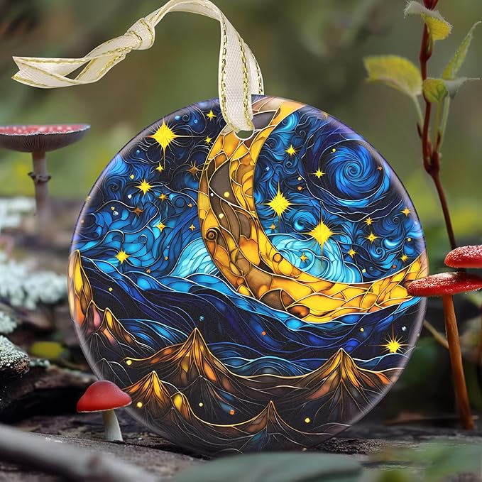 Christmas Ornament - 3.5 Inch Ceramic Hanging Decoration for Tree, Holiday Presents, Gift Exchange - Retro Moon Star