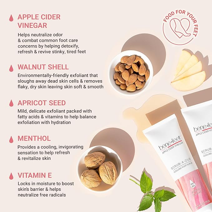 Benefeet Scrub-A-Dub Cooling Foot Scrub - Exfoliates + Refreshes Dry + Dull Skin, Get Smoother Skin from Heel to Toe, Made w/Vitamin E, Apple Cider Vinegar, Walnut Shell + Apricot Seed, 4 oz (2 Pack)