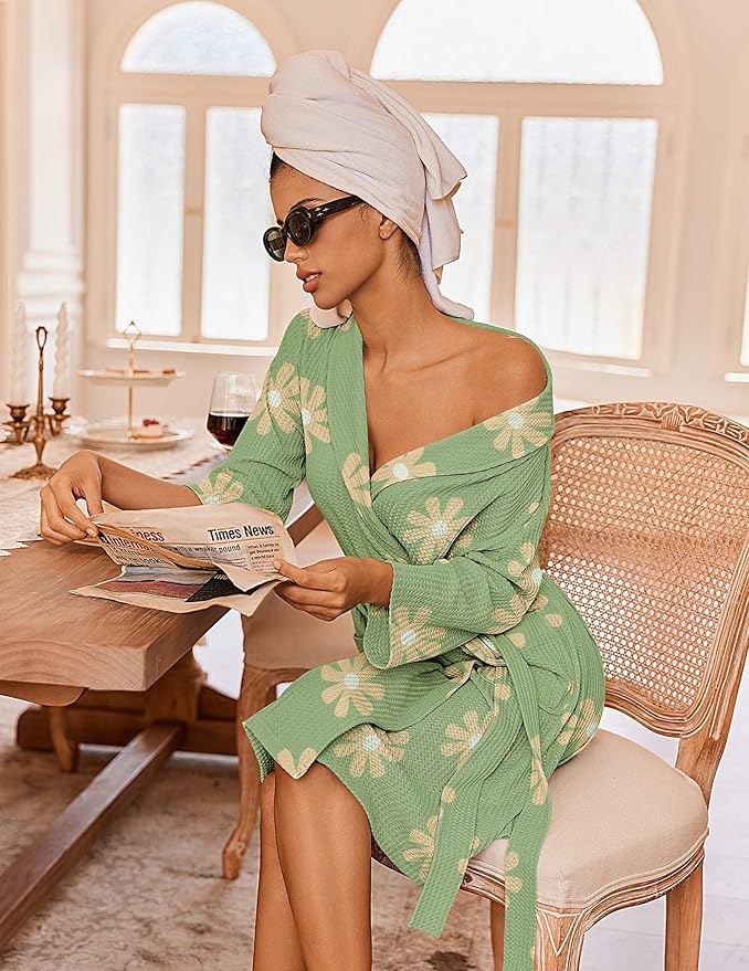 Ekouaer Robes for Women Waffle Knit Bathrobe Lightweight Kimono Robe Knee Length Loungewear with Pockets