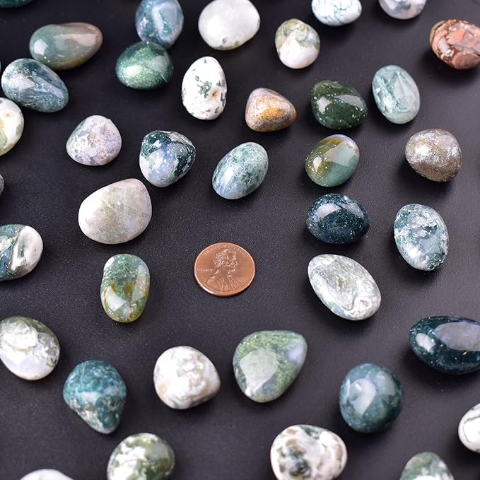 Moss Agate Healing Crystal Stone Set - 24 Pieces, 0.6" Natural & Polished Stones for Healing, Meditation, Reiki, Chakra, Crafting & Decoration