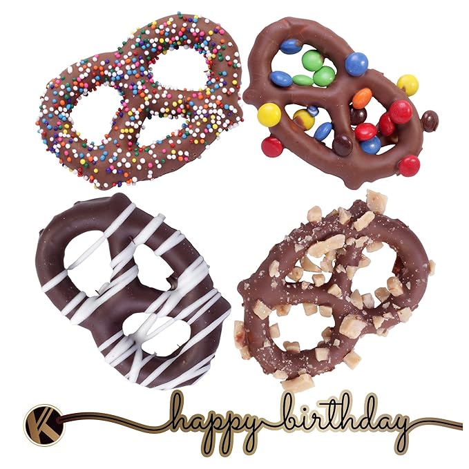 KREMERY Creamy Chocolate Cravings - Birthday Treats, Chocolate Covered Pretzel Twists Gift Basket, in Sectional Gift Box + Greeting Card (12 Pretzels, Assorted Sweet Toppings) Food Assortments