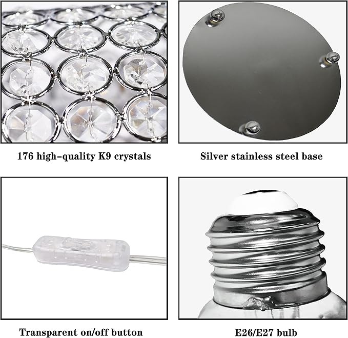 Crystal Lamp, FLoodoor Silver Lampshade K9 Crystal Table Lamp, Modern Style Decorative Bedside Table Lamp, Suitable for Bedroom, Bedside, Living Room, Bookcase (with Plug)