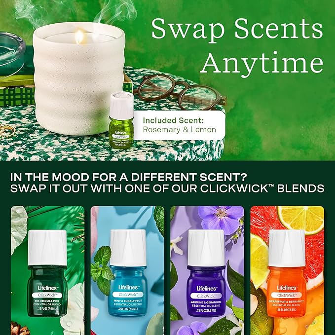 Lifelines Flameless Candle Aromatherapy Essential Oil Diffuser with ClickWick Essential Oil Blend - Cordless & Waterless Diffuser for Home - Scented Electric Candles Blow Out Flame - Cream Bubble