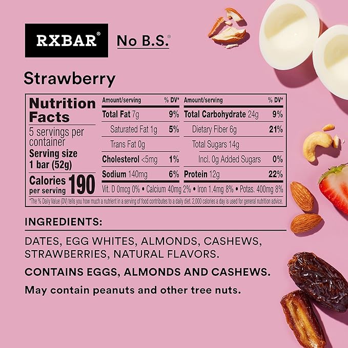 RXBAR Protein Bars, 12g Protein, Gluten Free Snacks, Strawberry (6 Boxes, 30 Bars)