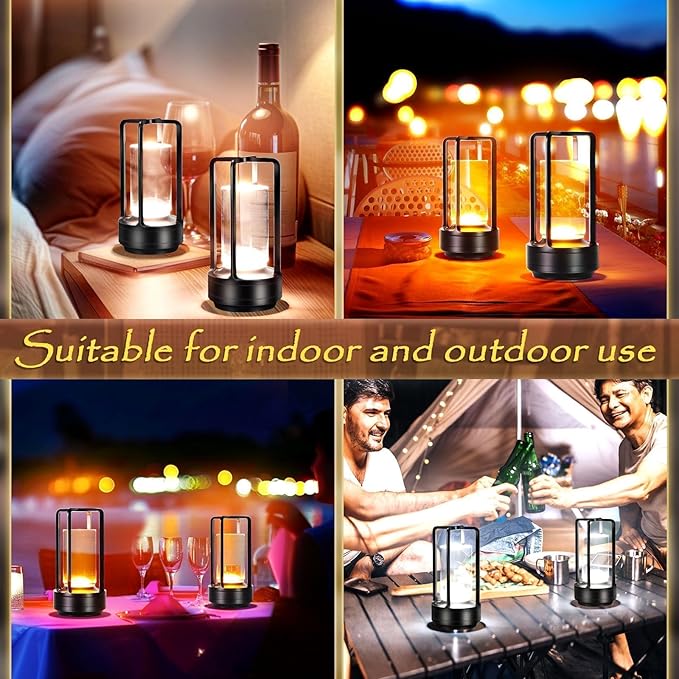 Crystal Lantern Lights Set of 2, Czgor Battery Operated Rechargeable Cordless Crystal Table Lamp with 3-Color, Small LED Desk Lamp for Indoor/Outdoor Patio Camping Bedroom Bar Restaurant(Black)