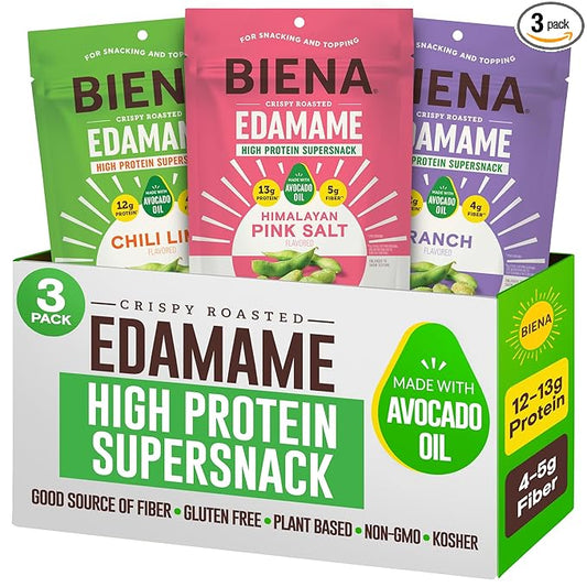 Biena Crispy Roasted Edamame Beans Snack – High Protein Snack for Adults & Kids, 12g-13g Protein per Serving - Made with Avocado Oil – Vegan, Low Carb, Gluten-Free – 3-Pack 4.75oz Variety Pack
