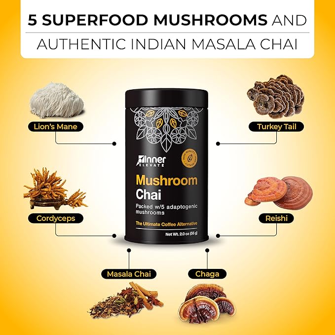 Inner Elevate Superfood Mushroom Chai - Ultimate Coffee Alternative - Adaptogenic Mushroom Tea Drink with Lion's Mane, Cordyceps, Chaga, Reishi, Turkey Tail (35 Servings)