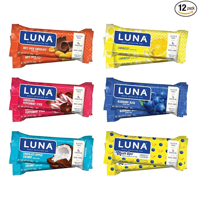 LUNA Bar - Variety Pack - 6 Flavors - Snack Bars - Non-GMO - Gluten-Free Protein Bars - Made with Organic Oats (12 Pack)