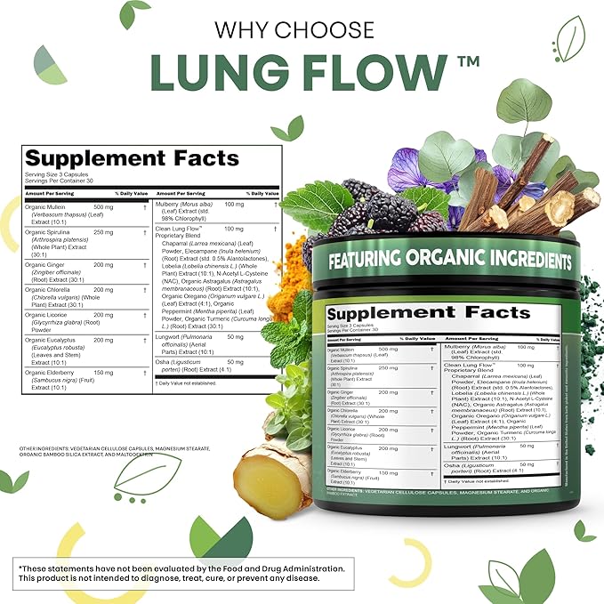 Clean Nutra Mullein Leaf Extract for Lungs Cleanse NAC Supplement Chlorophyll Chlorella Elderberry | Lung Detox for Smokers | Ginger Licorice Astragalus Oregano Turmeric Respiratory Support Capsules