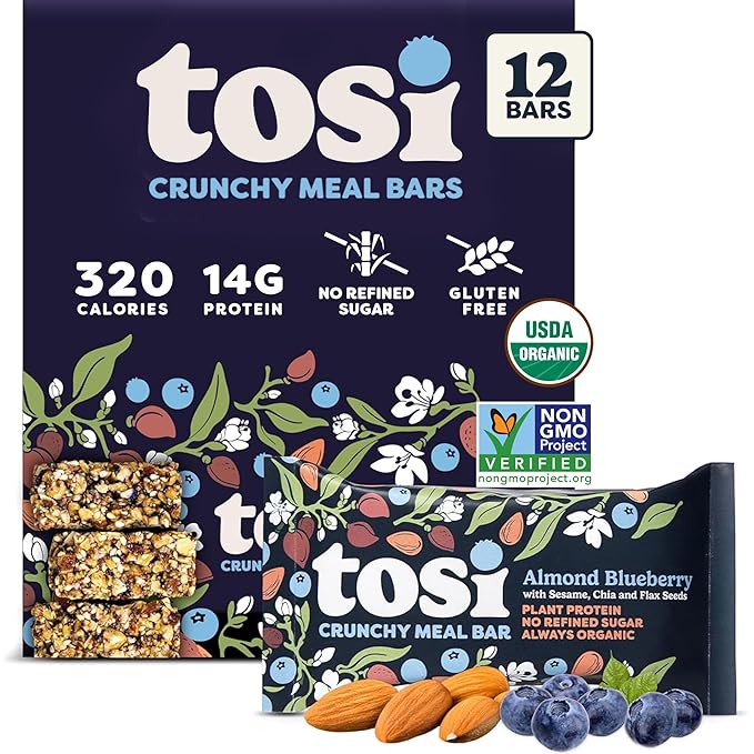 Tosi Almond Blueberry Protein Bars, Plant Based with Nuts, Gluten-Free Crunchy Snacks, Vegan, Organic, Flax & Chia Seeds, Soy-Free,Omega 3s, 12G Protein, 2.4 oz, 12-Pack