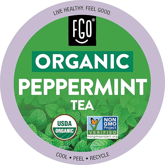 FGO Organic Peppermint Tea K-Cup Pods for Keurig, 24 Count (Pack of 1), Naturally Caffeine-Free Herbal Tea, USDA Organic, Non-GMO, & Recyclable