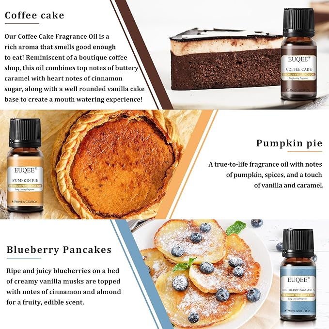 EUQEE 6PCS Premium Fragrance Oils for Homemade Bread-10ml-Pumpkin Pie, Coconut Cream, Snickerdoodle, Coffee Cake, Blueberry Pancakes, Salted Caramel Pumpkin