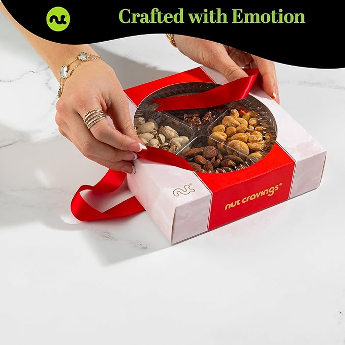NUT CRAVINGS - Diwali Sweets Hamper Mixed Nuts Gift Basket in Red Gold Box (4 Assortments) Food Arrangement, Healthy Snack Care Package, Food Assortments