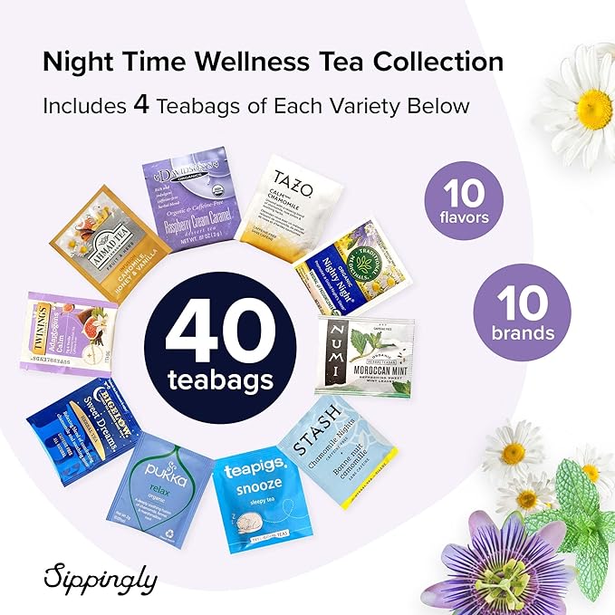 Sippingly Night Time Tea Sampler – 40 Herbal Teas – 10 Flavors from Top Brands – Chamomile, Lavender, Passionflower – Perfect Relaxation & Sleep Support – Ideal Wellness Gift – Kosher, Gluten-Free