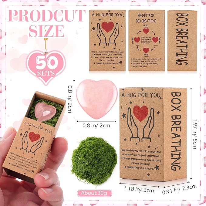 Landical 50 Sets Pocket Hug Token Gifts Small Crystal Heart Stones Bulk with Boxes Mini Heart Shape Natural Stones for Colleagues Family Distance Social Celebration of Life Gifts(Pink)