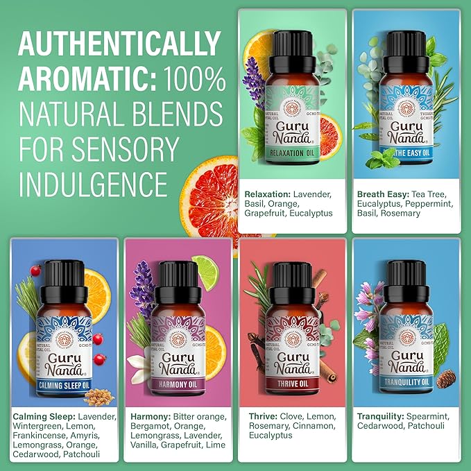 GuruNanda Essential Oil Blends (Set of 6) - Natural Essential Oil Set, Aromatherapy Oil Blends for Diffusers - Breathe Easy, Tranquility, Harmony, Calming Sleep, Relaxation & Thrive