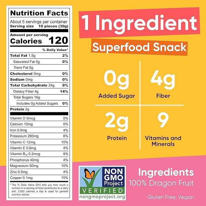 Yammy Dried Dragon Fruit Chips for Drinks Refreshers (5.6oz Pack of 4) - Like Freeze Dry Dragonfruit Pieces - 1 Ingredient Healthy Snack for Adults & Kids - 2g Protein, 4g Fiber, Gluten Free Vegan