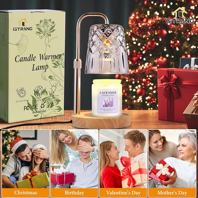 Candle Warming Lamp with Timer Dimmer, Adjustable Height Electric Wax Melt Warmer for Jar Candles with 3 Bulbs, Mother's Day Women's Home Decor Gift, Round Base with Champagne Color Pole