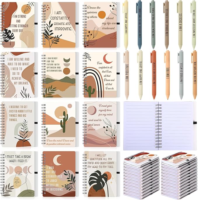 Kosiz 24 Pcs/12 Set Positive Affirmation Gifts Gratitude Spiral Notebooks with Pens Motivational Encouragement Notepads Daily Affirmations Journal for Women (Boho)