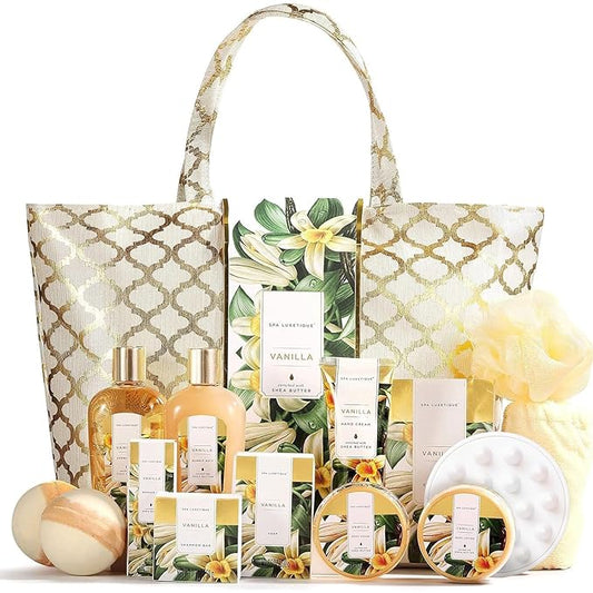 Spa Luxetique Gift Baskets for Women,15 Pcs Vanilla Spa Gifts for Women, Women's Gifts with Bubble Bath, Bath Salt, Bath Bombs, Christmas Spa Baskets