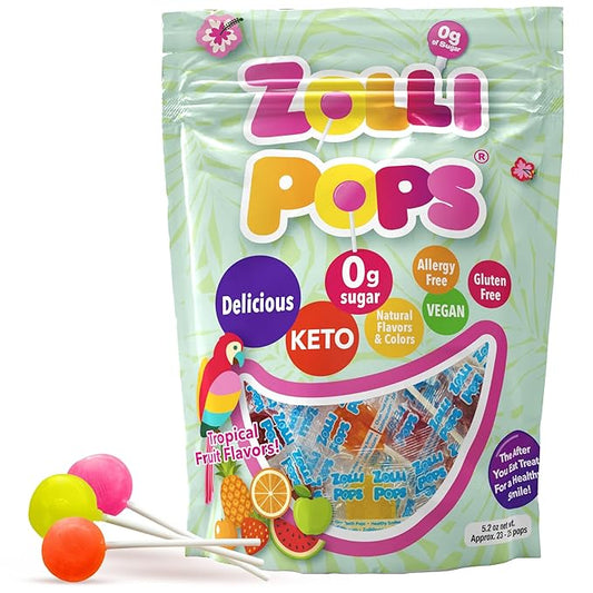 Zollipops Clean Teeth Pops Sugar Free Candy with Xylitol, Dye-Free Lollipops - Keto & Diabetic-Friendly, Dentist-Approved Treats for Kids (Tropical Fruit 5.2 oz)