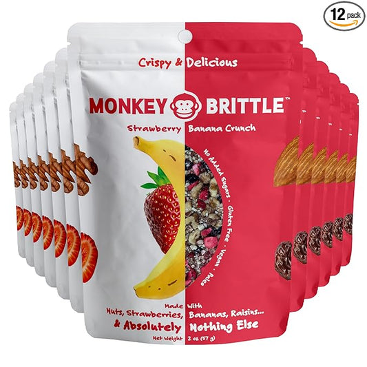 Monkey Brittle Healthy Snacks, Crispy Plant-Based Treats for Kids & Adults, Vegan & Gluten-Free, All-Natural Snack for School, Sports, Camping & On-the-Go (Pack of 12), Strawberry Banana Crunch