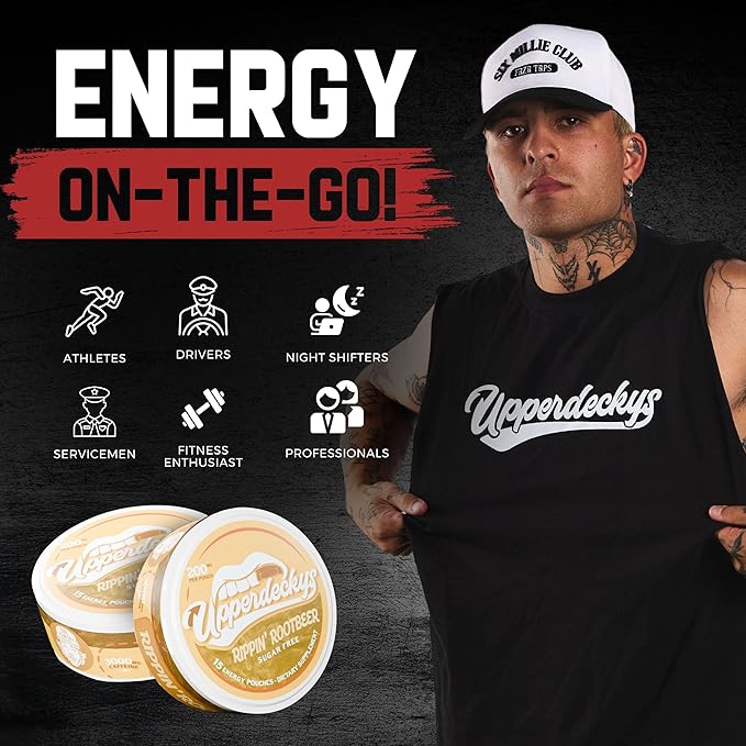 Upperdeckys, Rippin Rootbeer Caffeine Energy Pouches - Free Replacement and Alternative for Focus and Energy - Sugar Free Nootropic Pouches, Made in the USA & Delicious Flavor (4-Pack, 200mg)