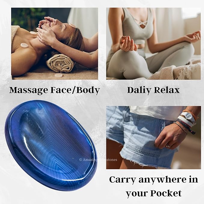 Amazing Gemstone Alma Blue Agate Worry Stone, Healing Crystals - Piedra Crystal Fidget for Gift, Meditation, Calming, Relaxation, Stress Relief