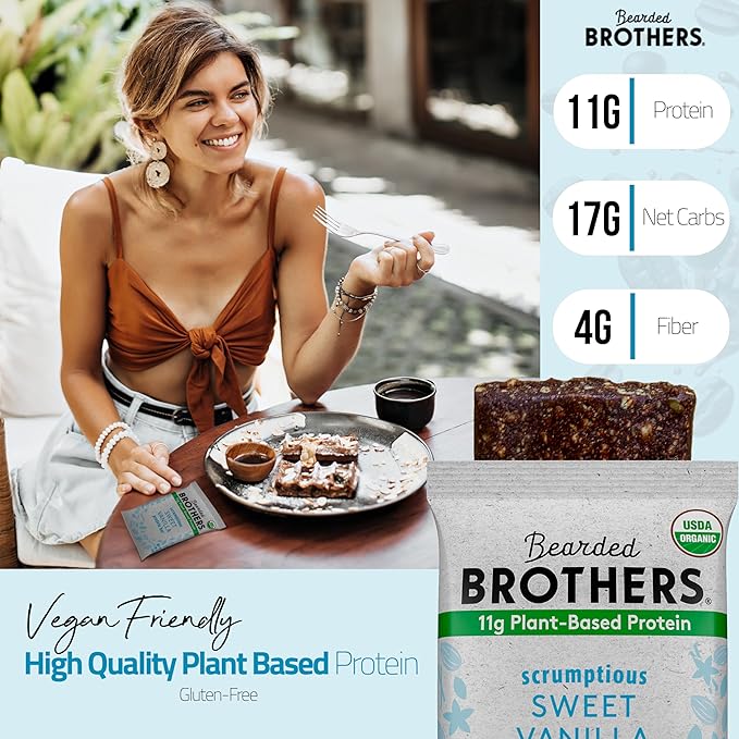 Bearded Brothers Organic Protein Bars, Vanilla (10 Pack) - 11g of Plant Based Protein Gluten Free Vegan, Non-GMO Healthy Snacks for Adults Good Source of Fiber