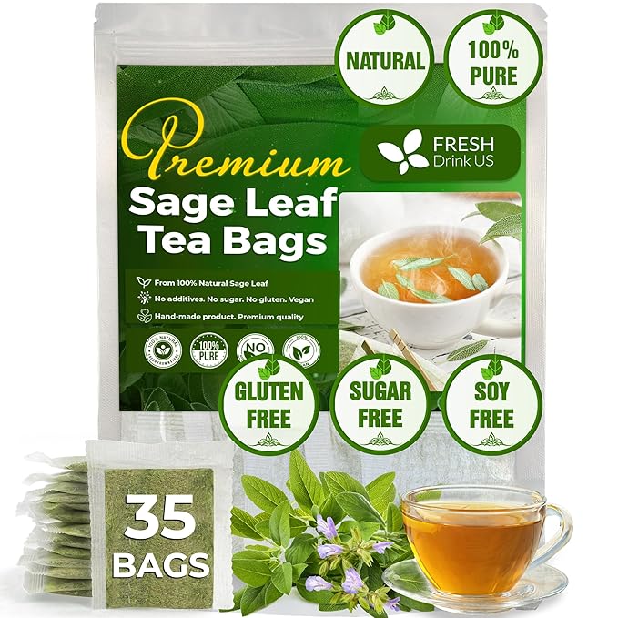 FreshDrinkUS, Premium 35 Sage Leaf Tea Bags, 100% Natural & Pure from Sage Leaves. Loose Leaf Sage Herbal Tea. Made with Natural Material Tea Bags. No Sugar, No Caffeine, No Gluten, Vegan.