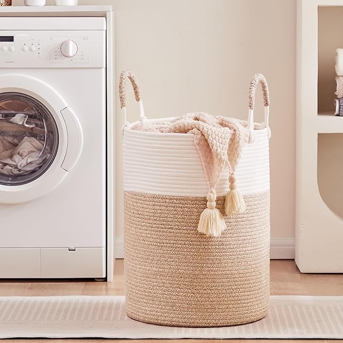 80L Large Hamper Laundry Basket Tall Woven Rope Clothes Hamper Blanket Basket in Living Room Bathroom Bedroom Brown