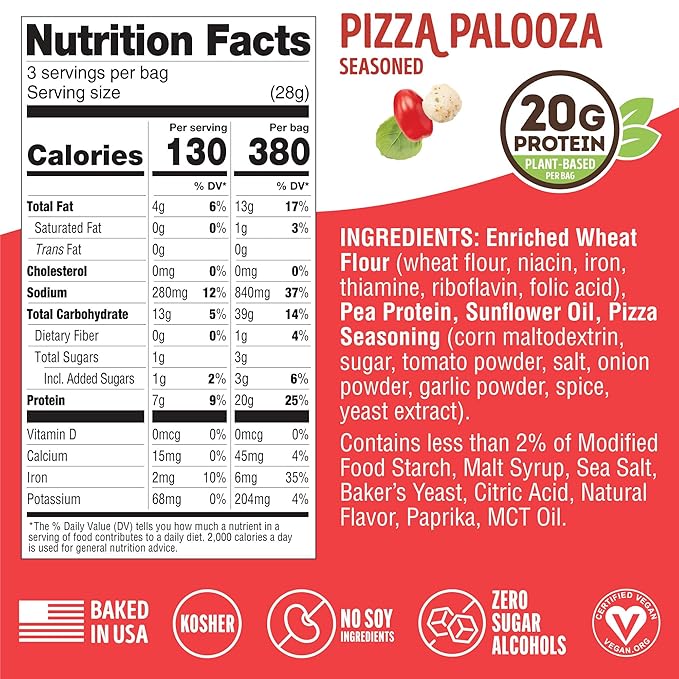 Lenny & Larry's Pizza Palooza FITZELS- Savory Pretzel Snacks Incredibly Tasty High Protein, Salty, Vegan 20 g's of Plant Based Protein 8 (eight) Bags, 3 oz Each