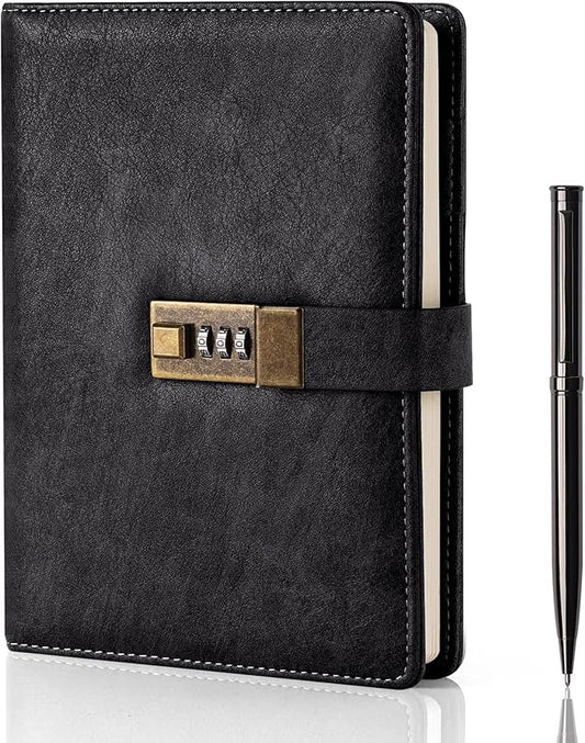 WEMATE Diary with Lock, A5 PU Leather Journal with Lock 240 Pages, Vintage Locks Journal Password Notebook with Pen, Locks Diary Planner Organizer for Men and Women, 8.6x5.8in Black