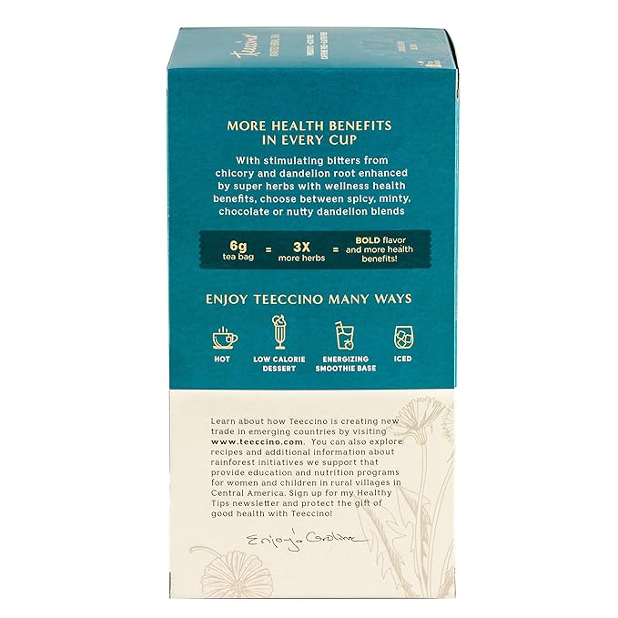 Teeccino Dandelion Herbal Tea - Mocha - Caffeine Free, Prebiotic, Gluten Free, 3x More Herbs - 25 Tea Bags