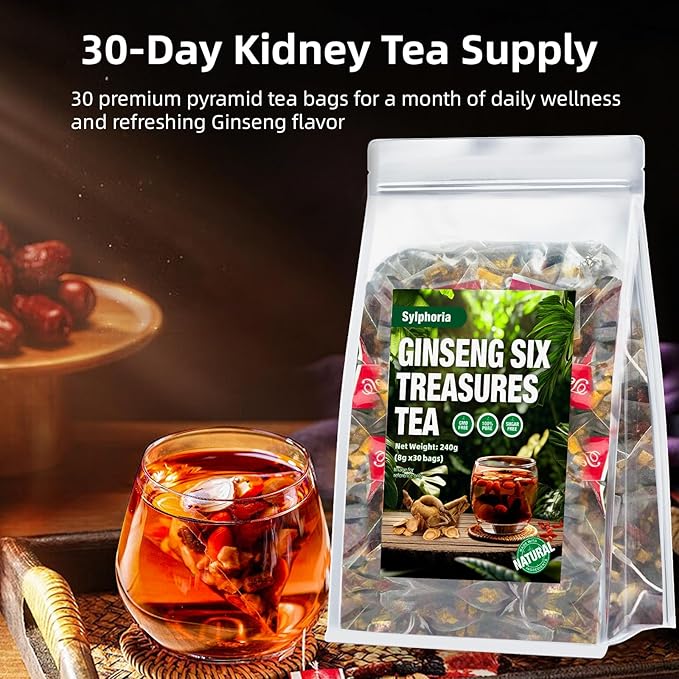 Kidney Tea Formula Ginseng Six Treasure Tea, Traditional Chinese Herbal, Natural Kidney Cleanse tea for Women & Men, 7 Precious Ingredients Formula (2Pack/60Bags)