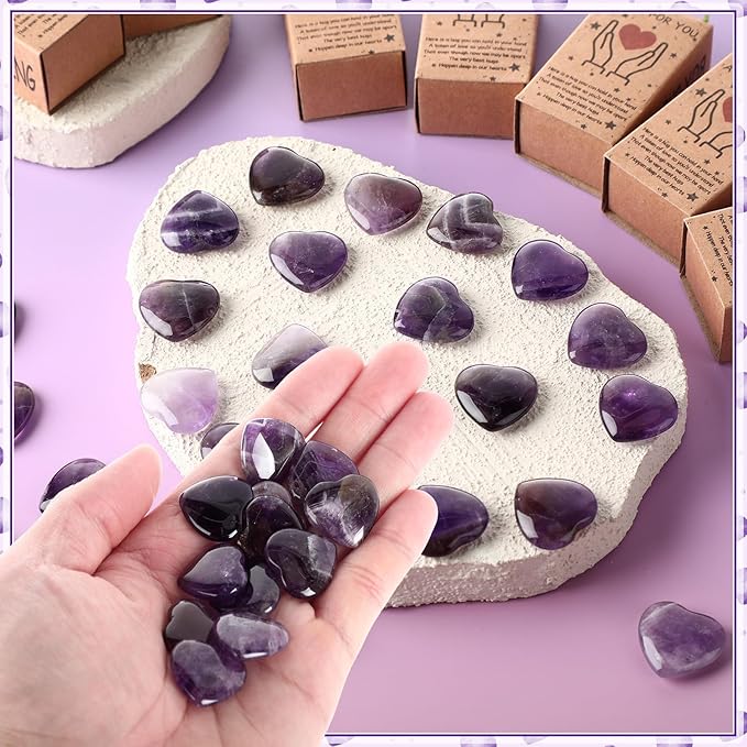 Landical 50 Sets Pocket Hug Token Gifts Small Crystal Heart Stones Bulk with Boxes Mini Heart Shape Natural Stones for Colleagues Family Distance Social Celebration of Life Gifts(Purple)
