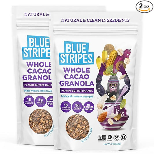 Blue Stripes Whole Cacao Granola - Gluten Free Dark Chocolate Granola for Cereal, Oatmeal, Yogurt, 5g Protein Per Serving, Source of Fiber, Vegan, Low Sugar - Peanut Butter Banana, 8 oz (2 Pack)