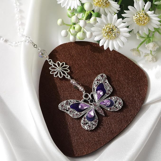 Car Mirror Hanging Accessories - Purple Butterfly Crystal Rhinestone Pendant for Rear View Mirror, Cute Car Interior Accessory for Women, Gift for Driver Mom Friends