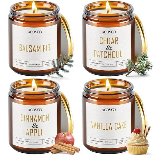 AOOVOO Candle Set - 4PC Scented Candles, 28 oz Soy Candles, Soy Candle for Home Scented, Balsam Fir/Cedar&Patchouli/Cinnamon&Apple/Vanilla Cake