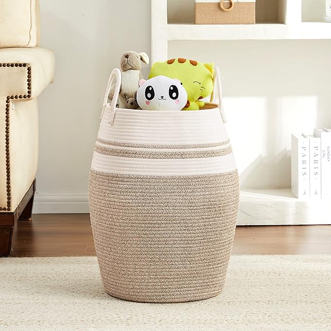 65L Cotton Rope Laundry Hamper by Fiona's magic, Large Woven Tall Laundry Basket for Storage Clothes and Toy in Bedroom, Living Room Organizing, Collapsible, Brown & White